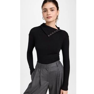 Enza Costa Sweater Knit Split Collar Long Sleeve Top in Black Snap Button Ribbed